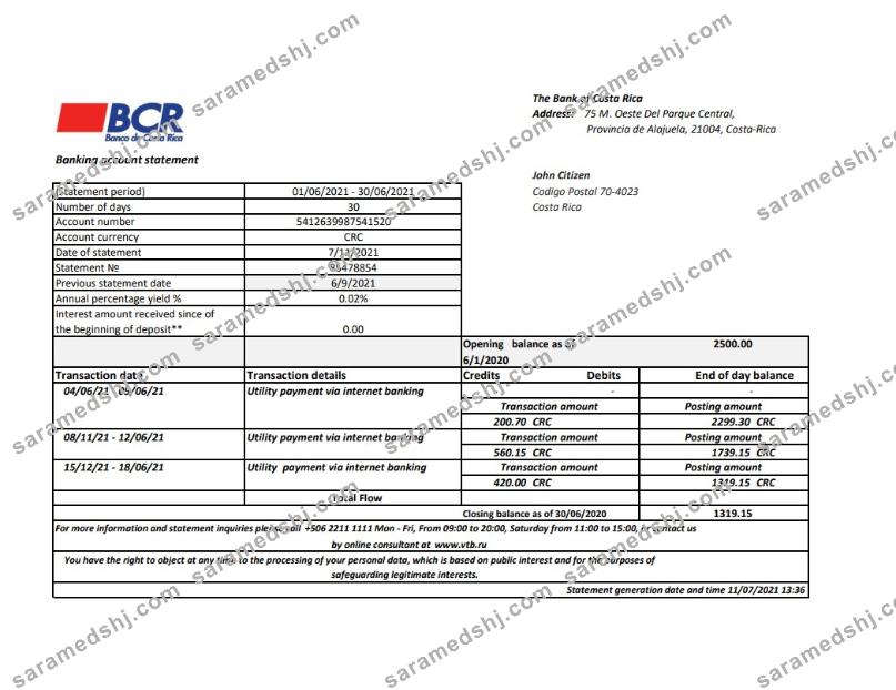Costa Rica The Bank of Costa Rica bank statement easy to fill template in Excel and PDF format